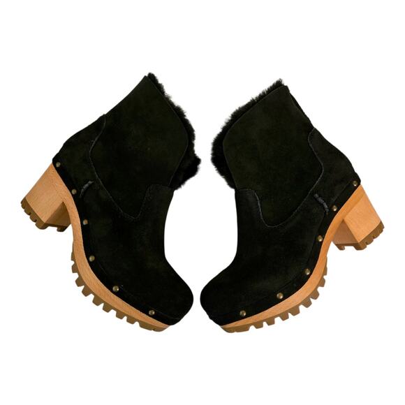 Ugg Thebes Black Suede Fur Lined Clog Boots Size 6 Chunky Platform Boho Winter - Picture 3 of 12